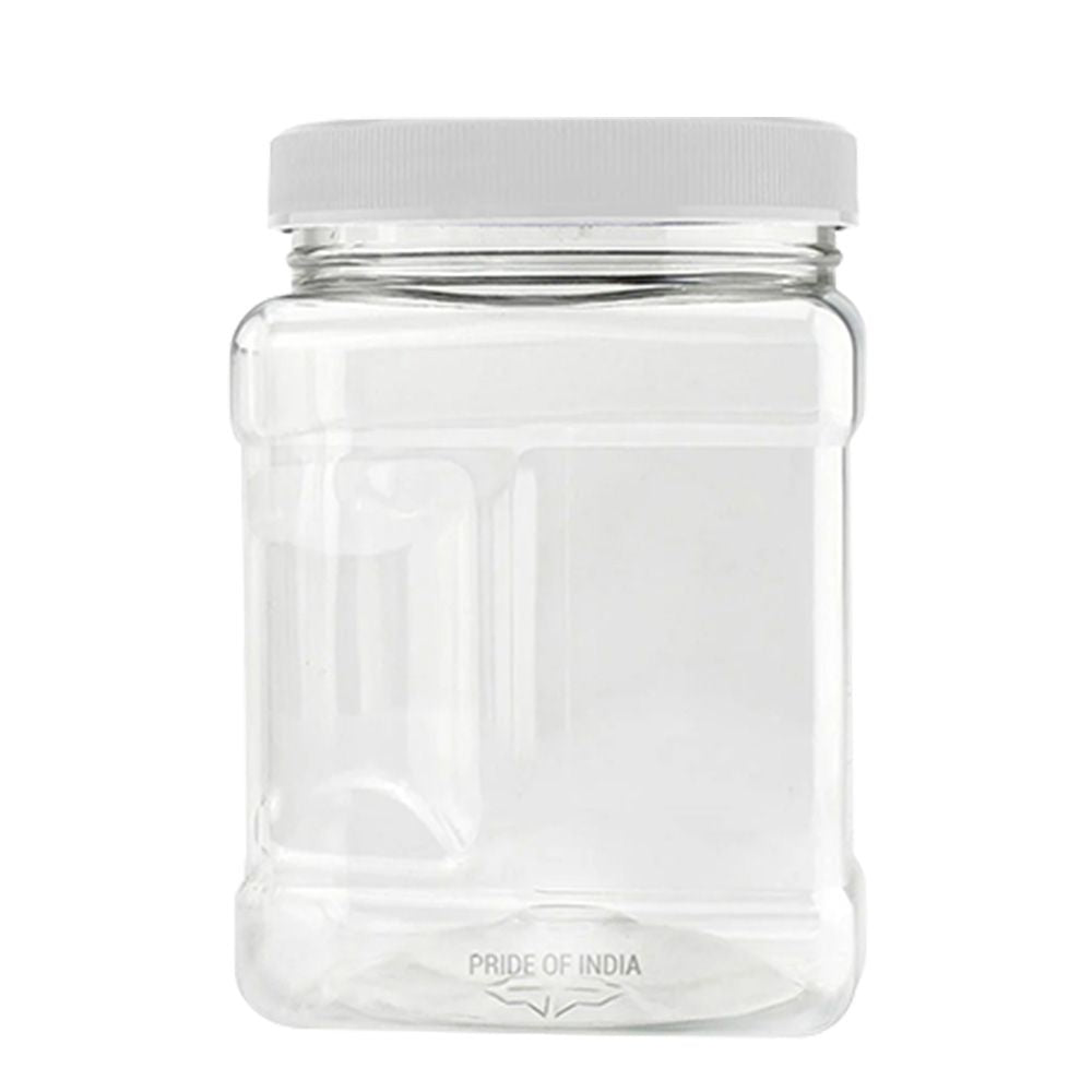 Pride Of India | Clear Food Grade PET Plastic Square Grip Storage Jar w/Cap 6 Jar Pack - 32 FL OZ (3-4 Cup Storage Capacity) | Airtight Seal & Easy Handling | Store Grains, Flour, Sugar & Pet Treats|