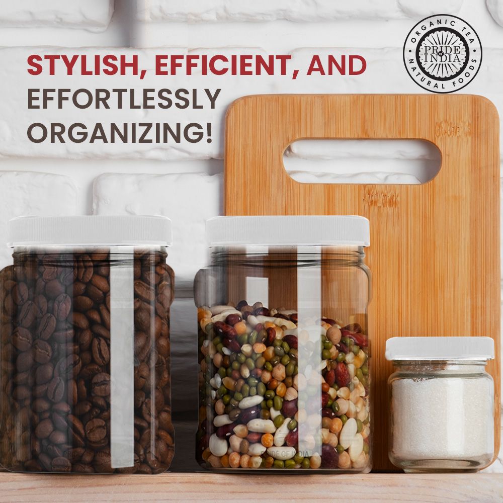 Pride Of India | Clear Food Grade PET Plastic Square Grip Storage Jar w/Cap 6 Jar Pack - 32 FL OZ (3-4 Cup Storage Capacity) | Airtight Seal & Easy Handling | Store Grains, Flour, Sugar & Pet Treats|