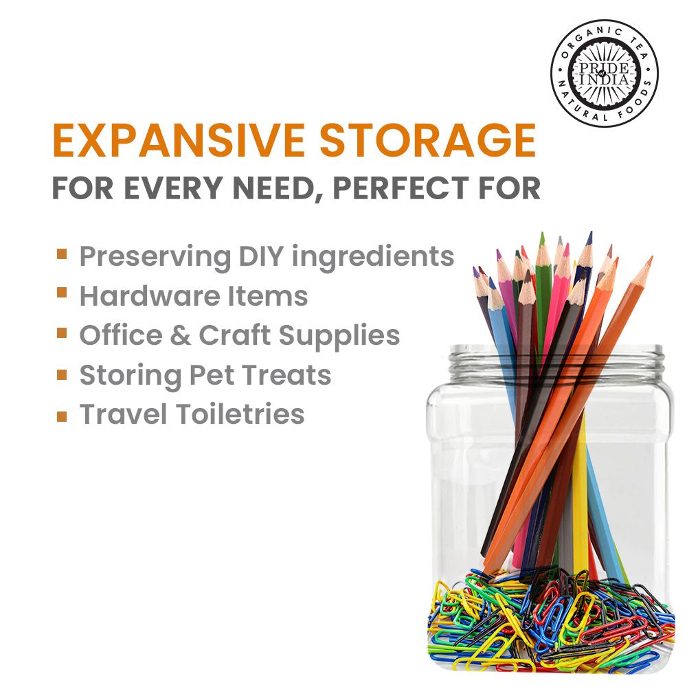 Pride Of India | Clear Food Grade PET Plastic Square Grip Storage Jar w/Cap 6 Jar Pack - 32 FL OZ (3-4 Cup Storage Capacity) | Airtight Seal & Easy Handling | Store Grains, Flour, Sugar & Pet Treats|