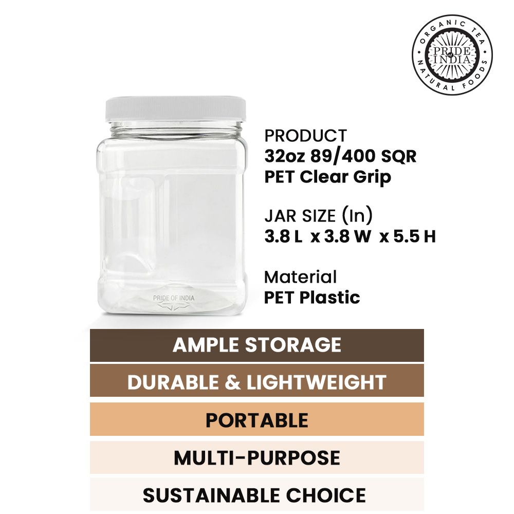 Pride Of India | Clear Food Grade PET Plastic Square Grip Storage Jar w/Cap 6 Jar Pack - 32 FL OZ (3-4 Cup Storage Capacity) | Airtight Seal & Easy Handling | Store Grains, Flour, Sugar & Pet Treats|