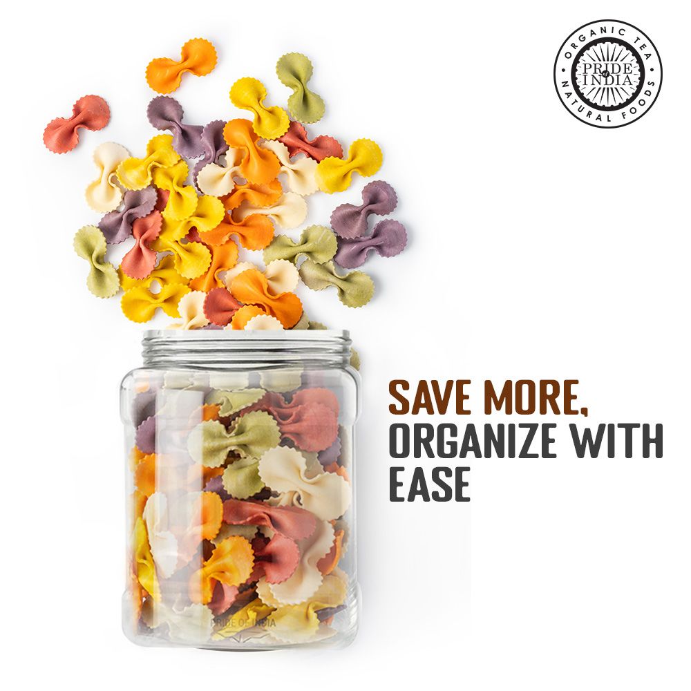Pride Of India | Clear Food Grade PET Plastic Square Grip Storage Jar w/Cap 6 Jar Pack - 32 FL OZ (3-4 Cup Storage Capacity) | Airtight Seal & Easy Handling | Store Grains, Flour, Sugar & Pet Treats|