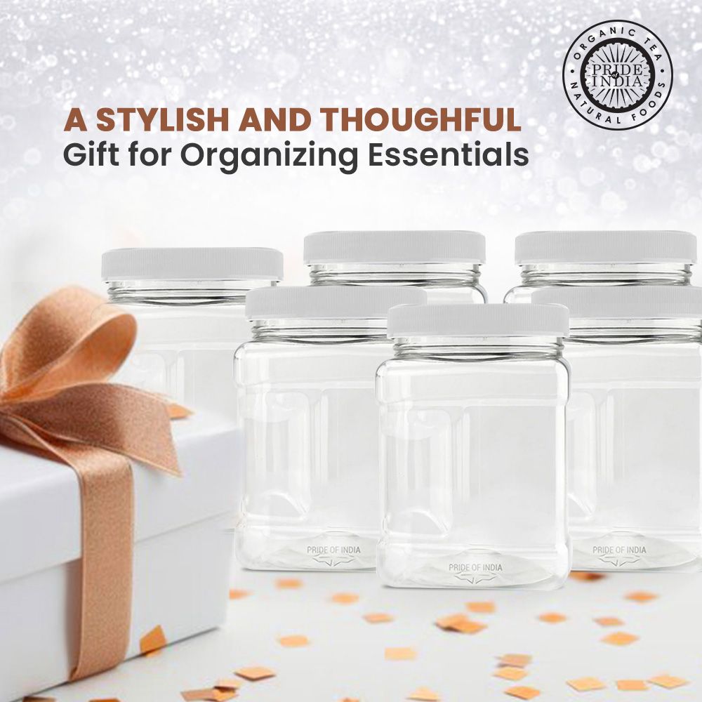 Pride Of India | Clear Food Grade PET Plastic Square Grip Storage Jar w/Cap 6 Jar Pack - 32 FL OZ (3-4 Cup Storage Capacity) | Airtight Seal & Easy Handling | Store Grains, Flour, Sugar & Pet Treats|