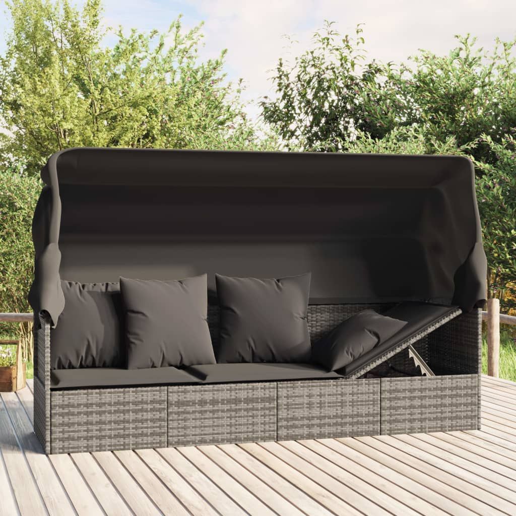 Patio Lounge Bed with Roof and Cushions Gray Poly Rattan