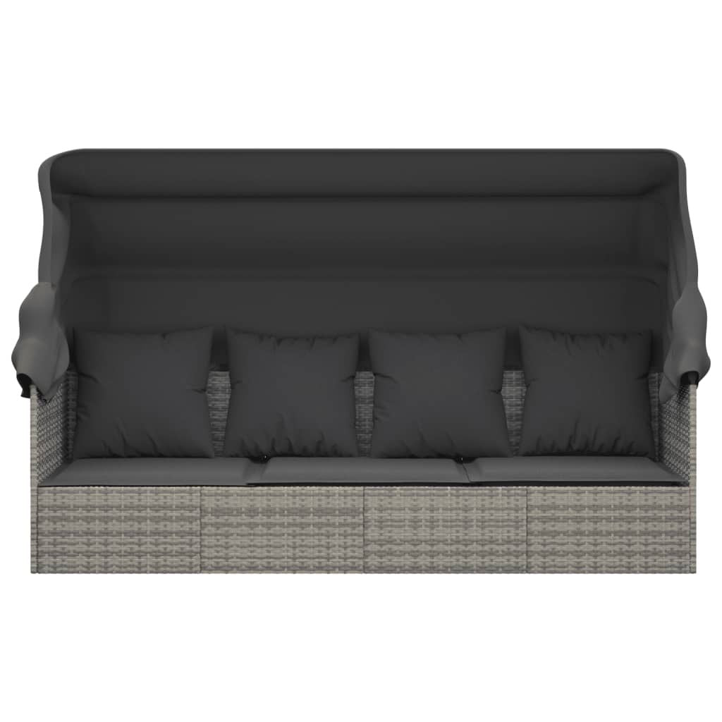 Patio Lounge Bed with Roof and Cushions Gray Poly Rattan