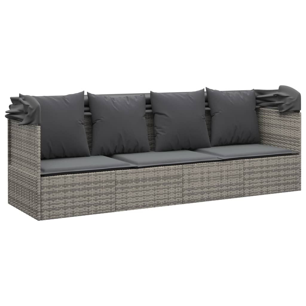 Patio Lounge Bed with Roof and Cushions Gray Poly Rattan