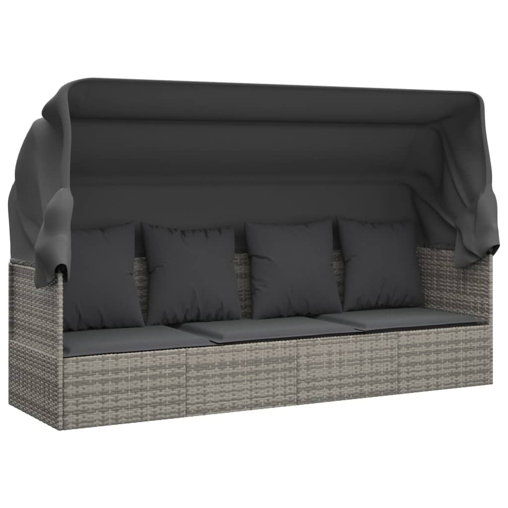 Patio Lounge Bed with Roof and Cushions Gray Poly Rattan