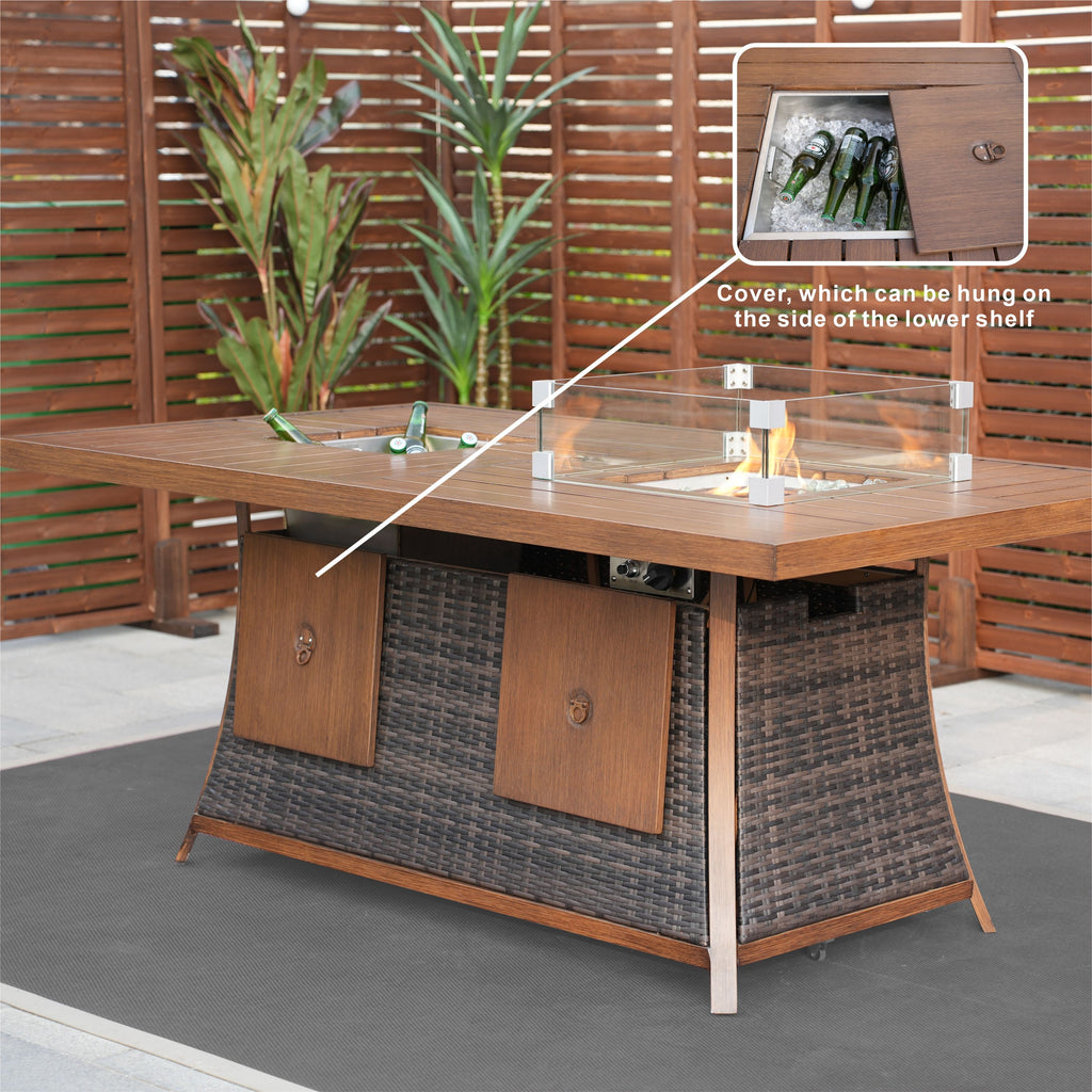Direct Wicker 7 PCS Patio Conversational Sofa Set With Gas Firepit and Ice Container Dining Table