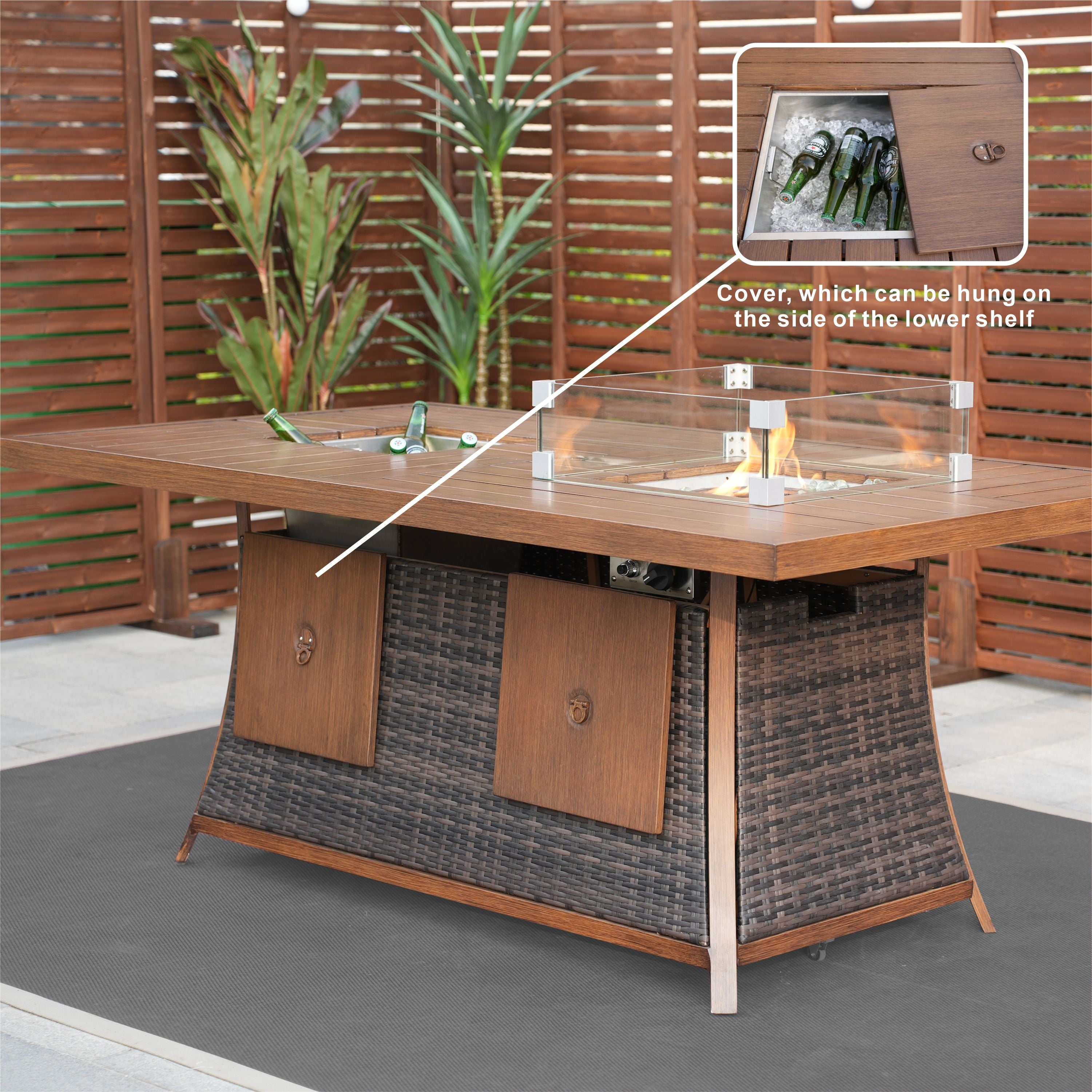 Direct Wicker 7 PCS Patio Conversational Sofa Set With Gas Firepit and Ice Container Dining Table