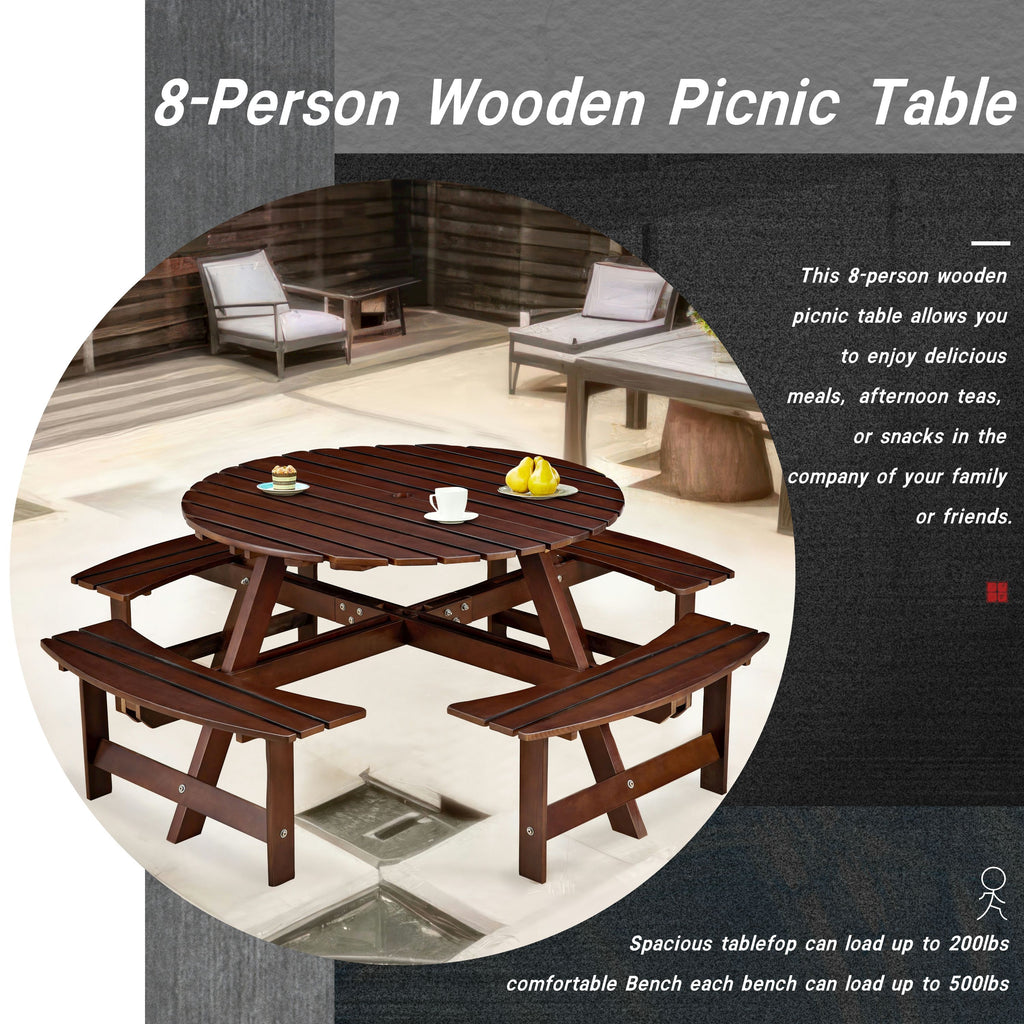 Outdoor 6 Person Picnic Table, 6 person Round Picnic Table with 3 Built-in Benches, Umbrella Hole, Outside Table and Bench Set for Garden, Backyard, Porch, Patio, Natural