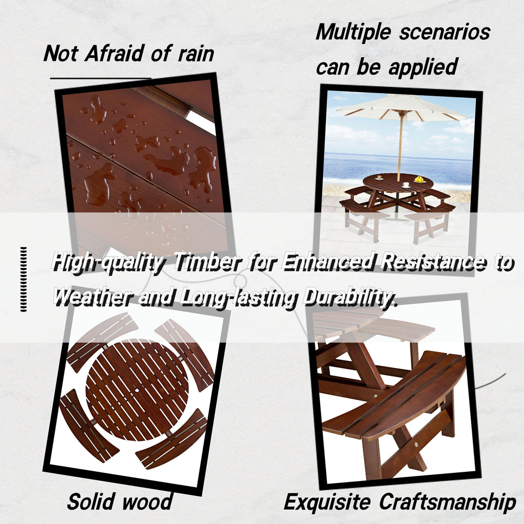 Outdoor 6 Person Picnic Table, 6 person Round Picnic Table with 3 Built-in Benches, Umbrella Hole, Outside Table and Bench Set for Garden, Backyard, Porch, Patio, Natural