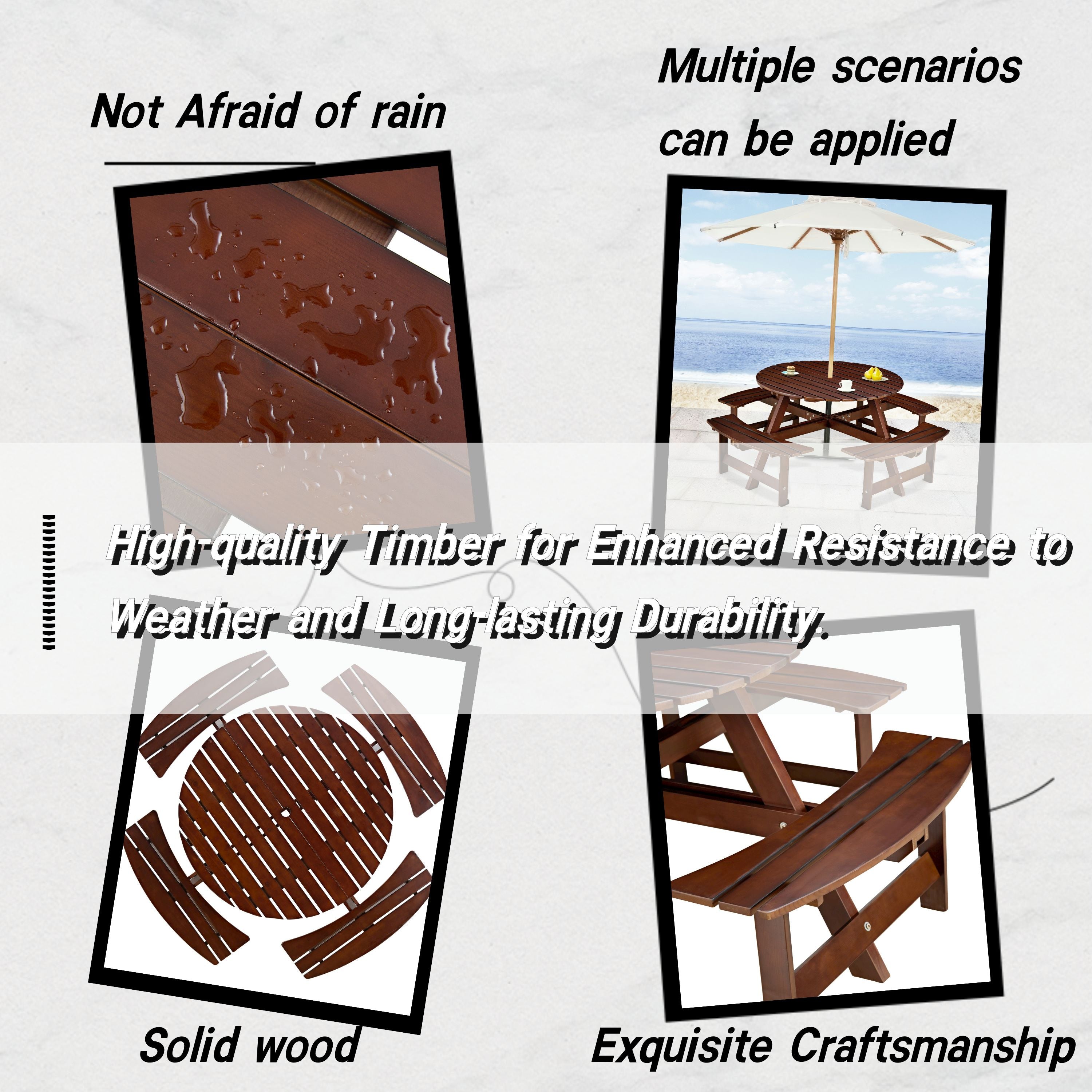 Outdoor 6 Person Picnic Table, 6 person Round Picnic Table with 3 Built-in Benches, Umbrella Hole, Outside Table and Bench Set for Garden, Backyard, Porch, Patio, Natural
