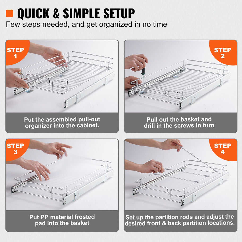 12.5"Wx16.5"Dx3.5"H Pull Out Cabinet Organizer, Heavy Duty Slide Out Pantry Shelves, Steel Roll Out Drawers, Sliding Drawer Storage for Home Under Sink, 14"Wx17.5"Dx7"H Install Size for Cabinet