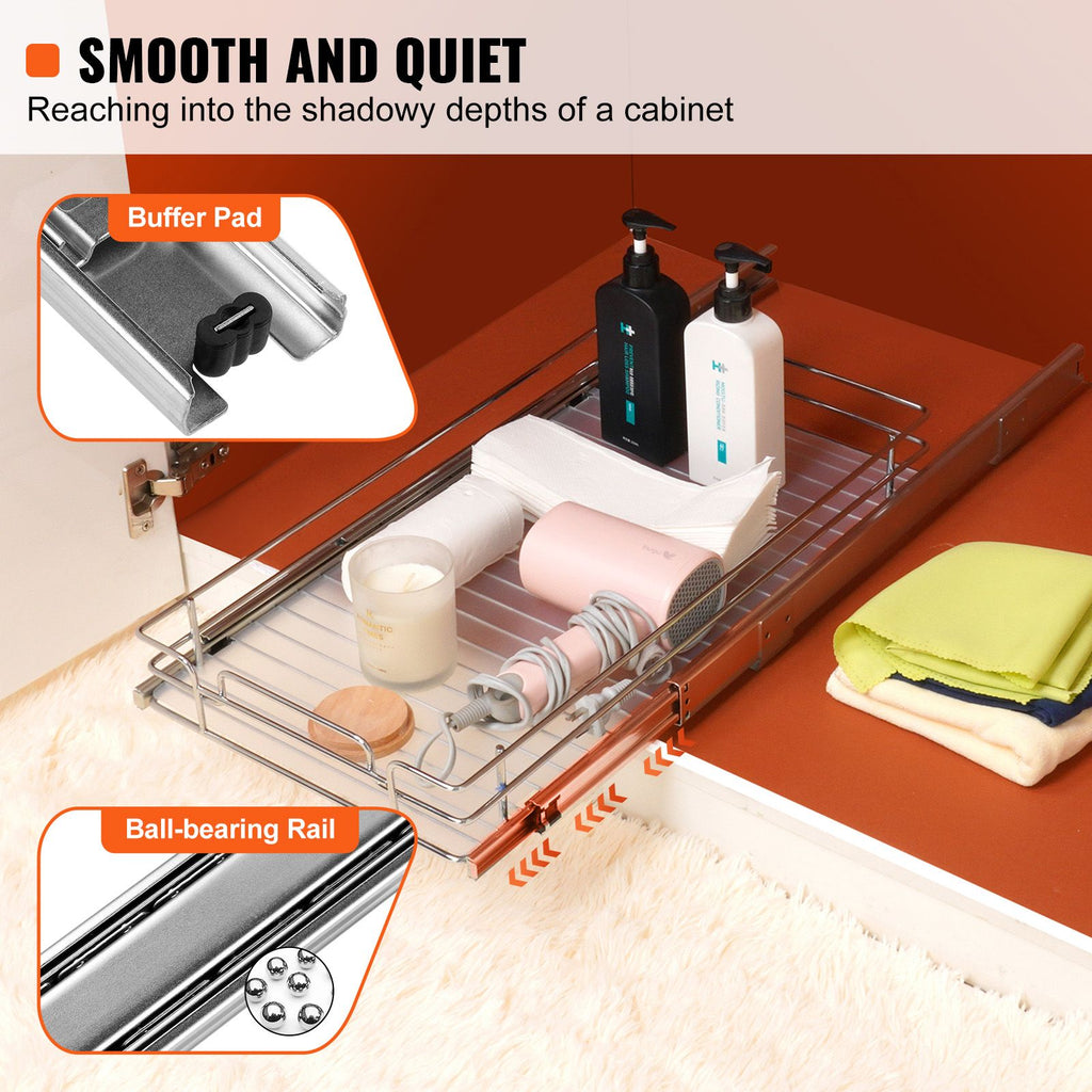 12.5"Wx16.5"Dx3.5"H Pull Out Cabinet Organizer, Heavy Duty Slide Out Pantry Shelves, Steel Roll Out Drawers, Sliding Drawer Storage for Home Under Sink, 14"Wx17.5"Dx7"H Install Size for Cabinet