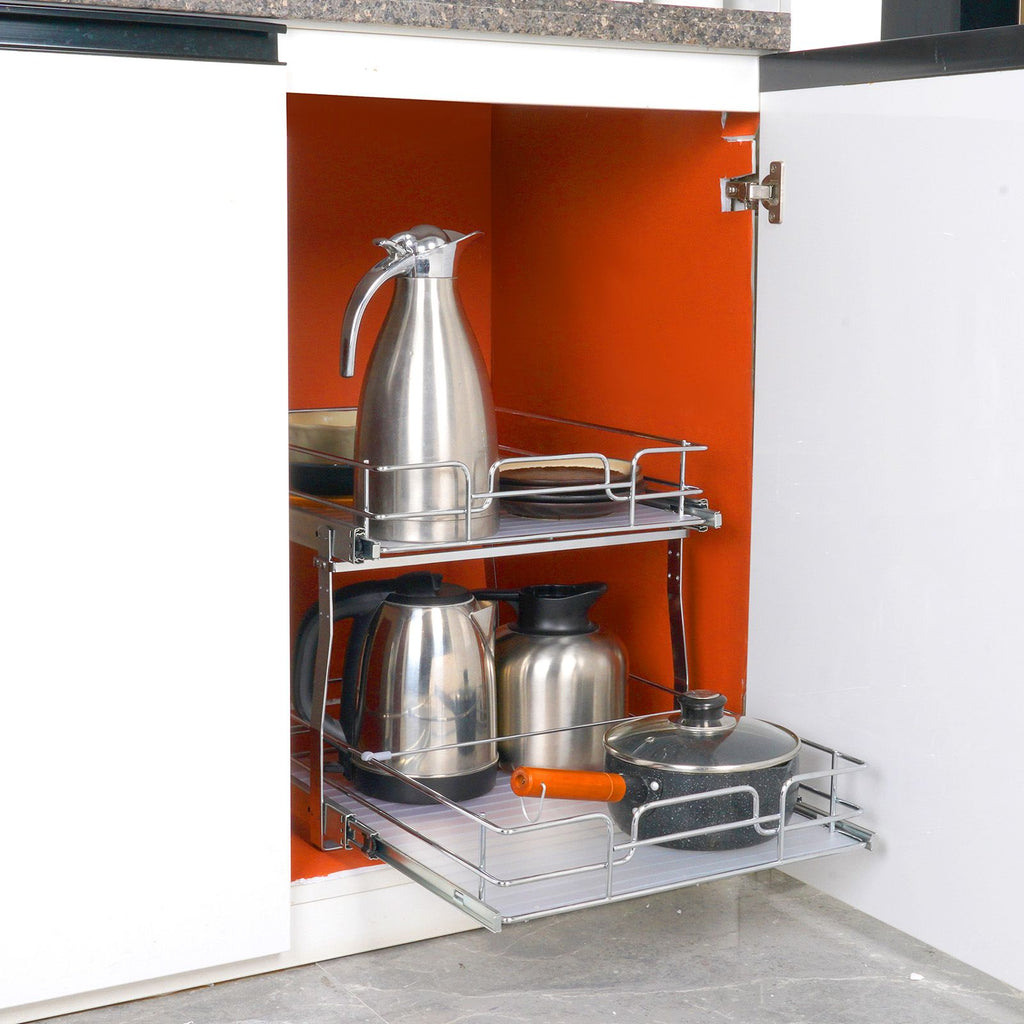 2 Tier 17"Wx21"Dx15"H Pull Out Cabinet Organizer, Heavy Duty Slide Out Pantry Shelves, Steel Roll Out Drawers, Sliding Drawer Storage for Home, 18.5"Wx22"Dx18"H Install Size for Cabinet