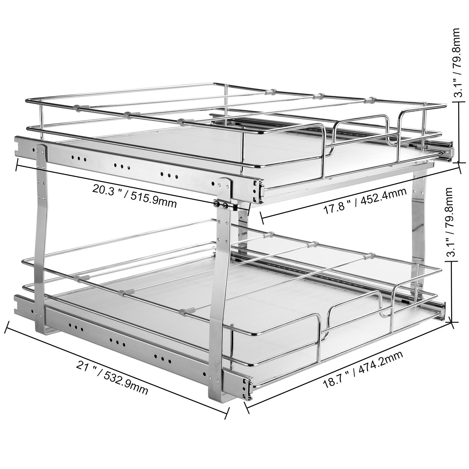 2 Tier 20"Wx21"Dx15"H Pull Out Cabinet Organizer, Heavy Duty Slide Out Pantry Shelves, Steel Roll Out Drawers, Sliding Drawer Storage for Home, 21.5"Wx22"Dx18"H Install Size for Cabinet