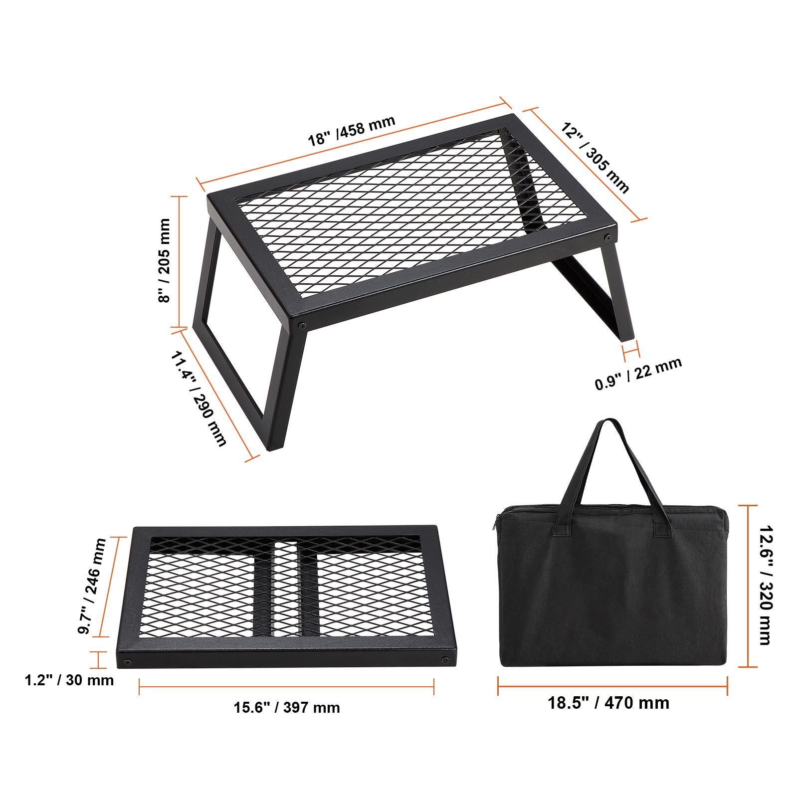 Folding Campfire Grill, Heavy Duty Steel Mesh Grate, 18" Portable Camping Grates Over Fire Pit, Camp Fire Cooking Equipment with Legs Carrying Bag, Grilling Rack for Outdoor Open Flame Cooking