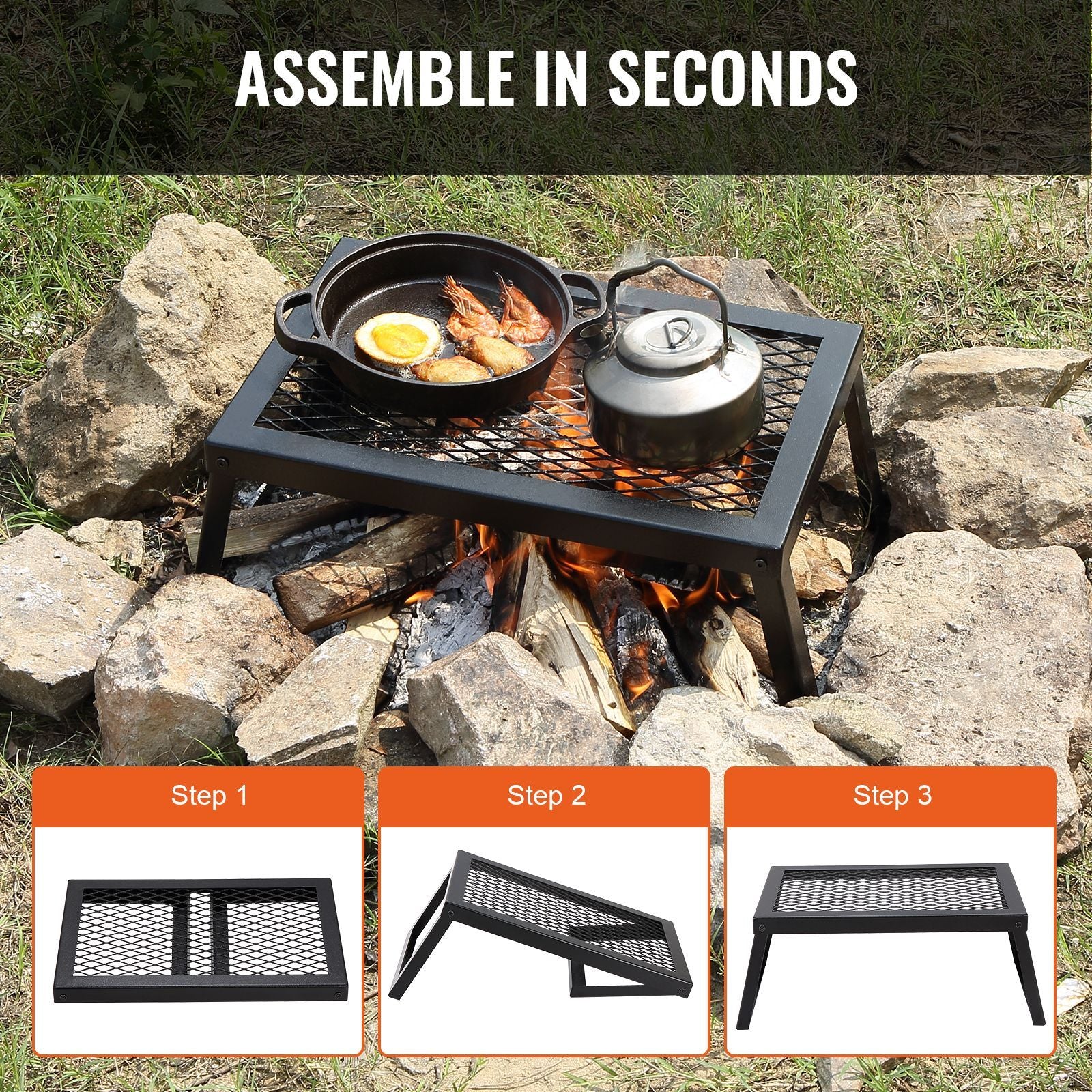 Folding Campfire Grill, Heavy Duty Steel Mesh Grate, 18" Portable Camping Grates Over Fire Pit, Camp Fire Cooking Equipment with Legs Carrying Bag, Grilling Rack for Outdoor Open Flame Cooking