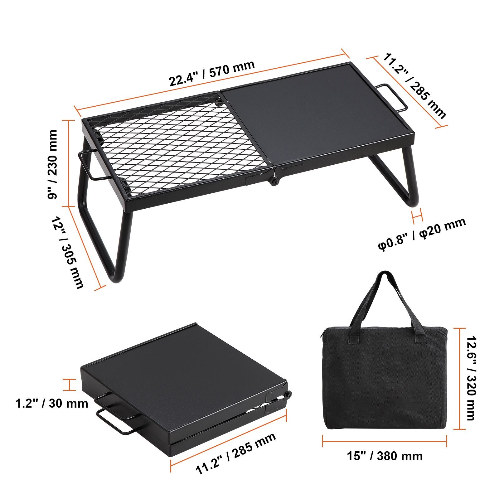 Folding Campfire Grill, Heavy Duty Steel Mesh Grate, 22.4" Portable Camping Grates Over Fire Pit, Camp Fire Cooking Equipment with Legs Carrying Bag, Grilling Rack for Outdoor Open Flame Cooking