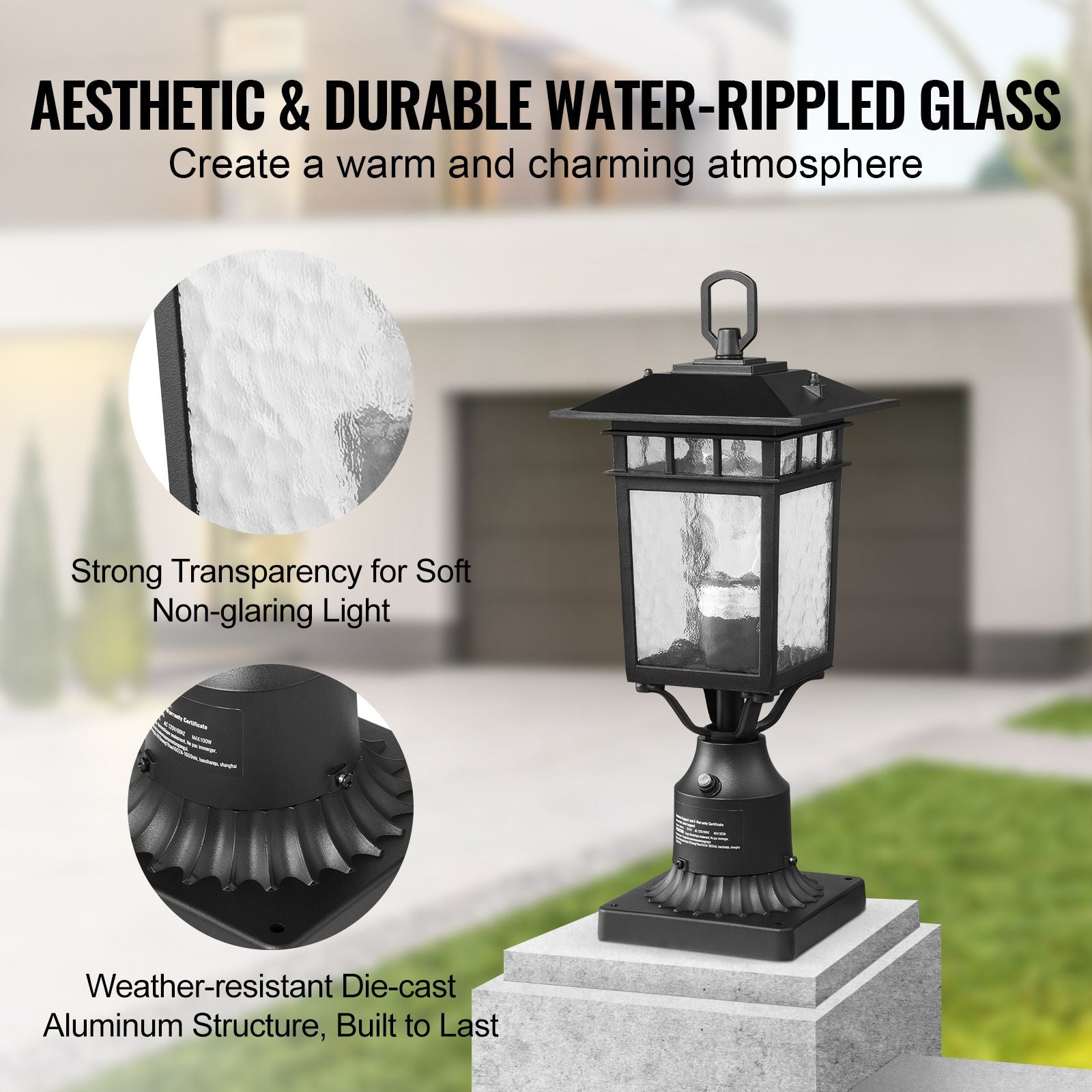 2 Pack Dusk to Dawn Outdoor Post Light, 15.75 in, Waterproof Lamp Post Light Fixtures with 5.5 in Pier Mount Base Glass Shade, Lightning-proof Exterior Pole Column Light for Patio Garden Pathway