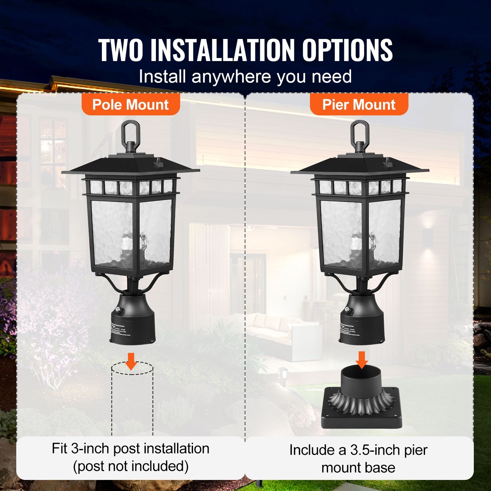 2 Pack Dusk to Dawn Outdoor Post Light, 15.75 in, Waterproof Lamp Post Light Fixtures with 5.5 in Pier Mount Base Glass Shade, Lightning-proof Exterior Pole Column Light for Patio Garden Pathway