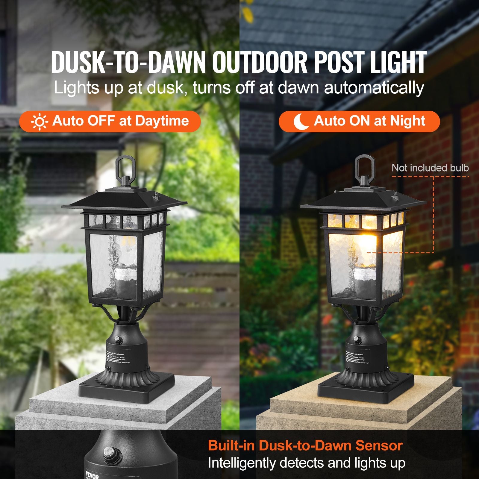2 Pack Dusk to Dawn Outdoor Post Light, 15.75 in, Waterproof Lamp Post Light Fixtures with 5.5 in Pier Mount Base Glass Shade, Lightning-proof Exterior Pole Column Light for Patio Garden Pathway