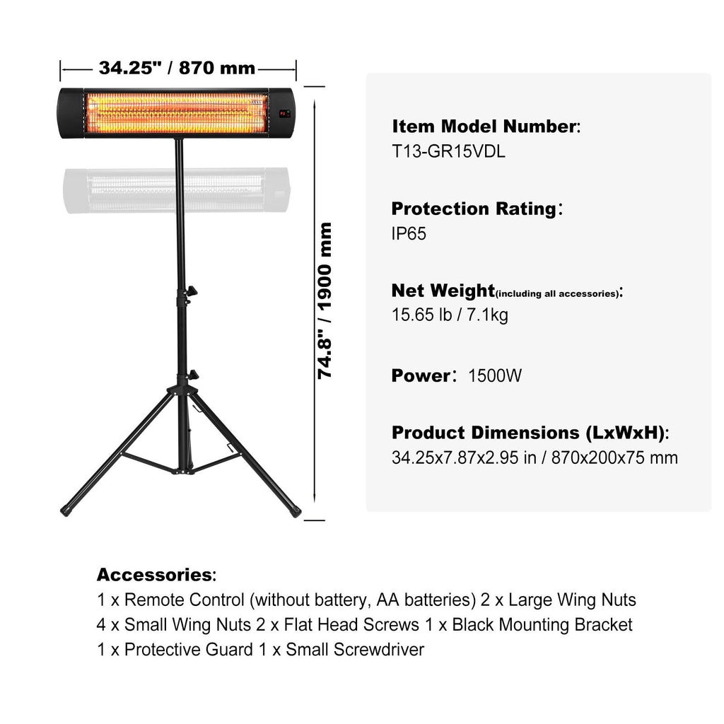 Infrared Heater, 1500W Remote Control Electric Space Heater, LED Screen Patio Heater w/ 3 Speeds & Timer, Outdoor/Outdoor for Porch,Dining Room,Studio, with Stand & Mount to Ceiling/Wall,34in L