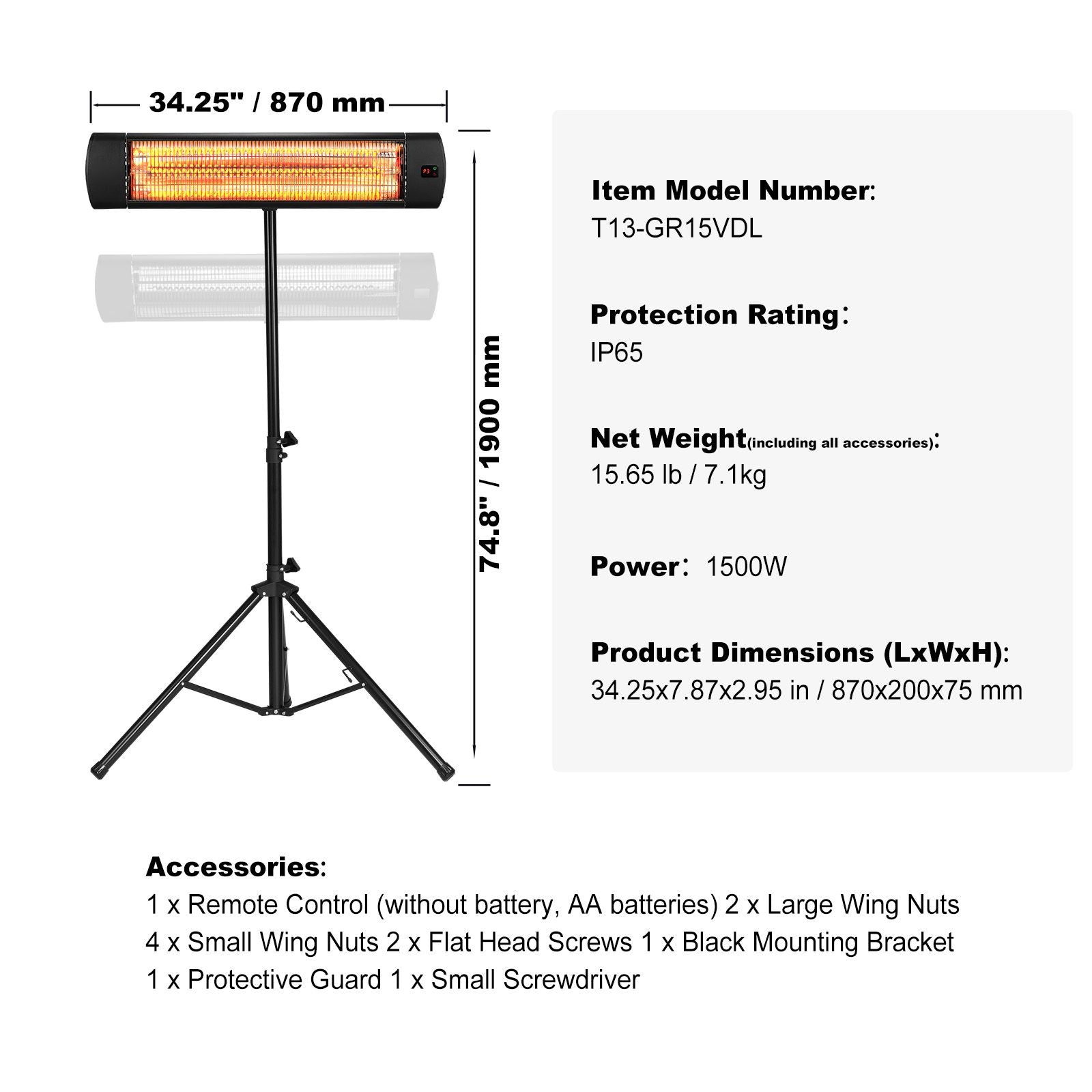 Infrared Heater, 1500W Remote Control Electric Space Heater, LED Screen Patio Heater w/ 3 Speeds & Timer, Outdoor/Outdoor for Porch,Dining Room,Studio, with Stand & Mount to Ceiling/Wall,34in L