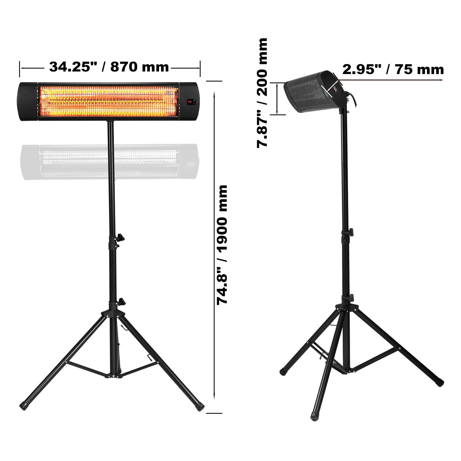 Infrared Heater, 1500W Remote Control Electric Space Heater, LED Screen Patio Heater w/ 3 Speeds & Timer, Outdoor/Outdoor for Porch,Dining Room,Studio, with Stand & Mount to Ceiling/Wall,34in L