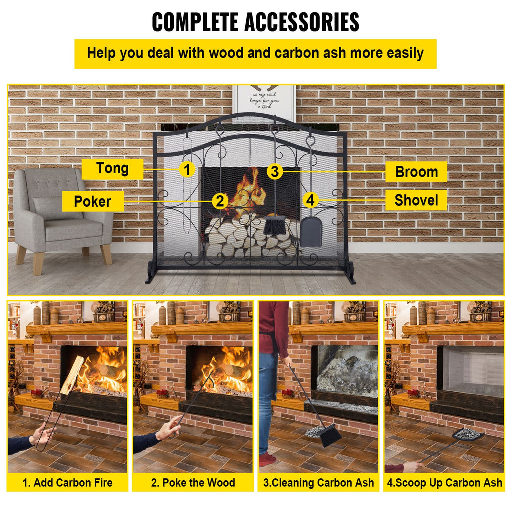 Fireplace Screen, 38 x 26.5 Inch,Heavy Duty Iron Freestanding Spark Guard with Support, Metal Mesh Craft, Broom Tong Shovel Poker Included for Fireplace Decoration & Protection, Black