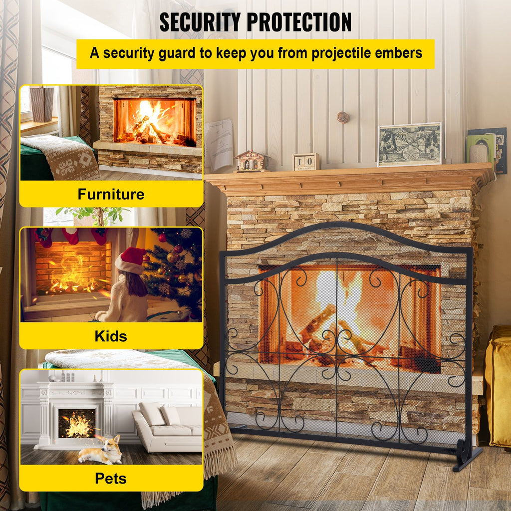 Fireplace Screen, 38 x 26.5 Inch,Heavy Duty Iron Freestanding Spark Guard with Support, Metal Mesh Craft, Broom Tong Shovel Poker Included for Fireplace Decoration & Protection, Black