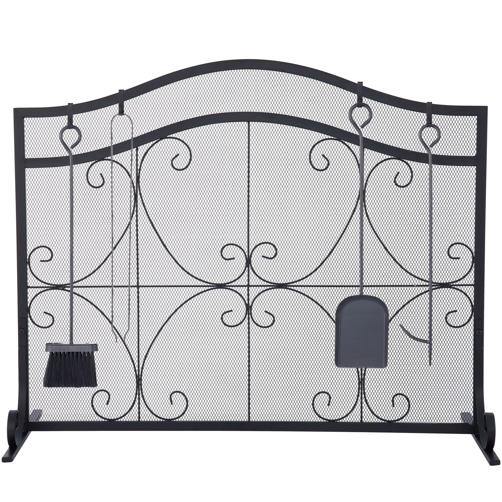 Fireplace Screen, 38 x 26.5 Inch,Heavy Duty Iron Freestanding Spark Guard with Support, Metal Mesh Craft, Broom Tong Shovel Poker Included for Fireplace Decoration & Protection, Black