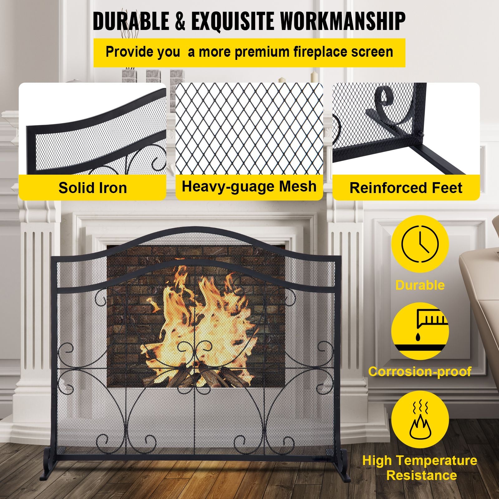 Fireplace Screen, 38 x 26.5 Inch,Heavy Duty Iron Freestanding Spark Guard with Support, Metal Mesh Craft, Broom Tong Shovel Poker Included for Fireplace Decoration & Protection, Black