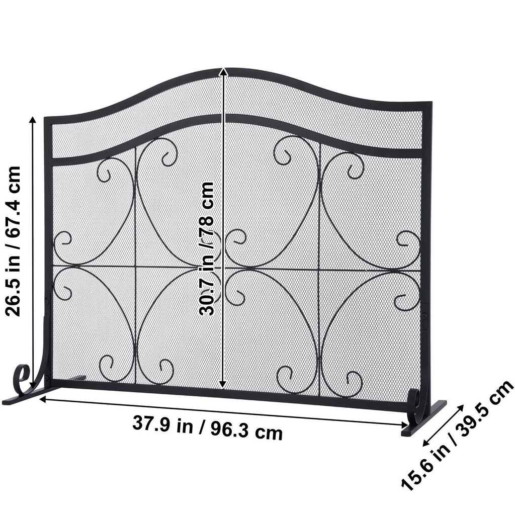 Fireplace Screen, 38 x 26.5 Inch,Heavy Duty Iron Freestanding Spark Guard with Support, Metal Mesh Craft, Broom Tong Shovel Poker Included for Fireplace Decoration & Protection, Black