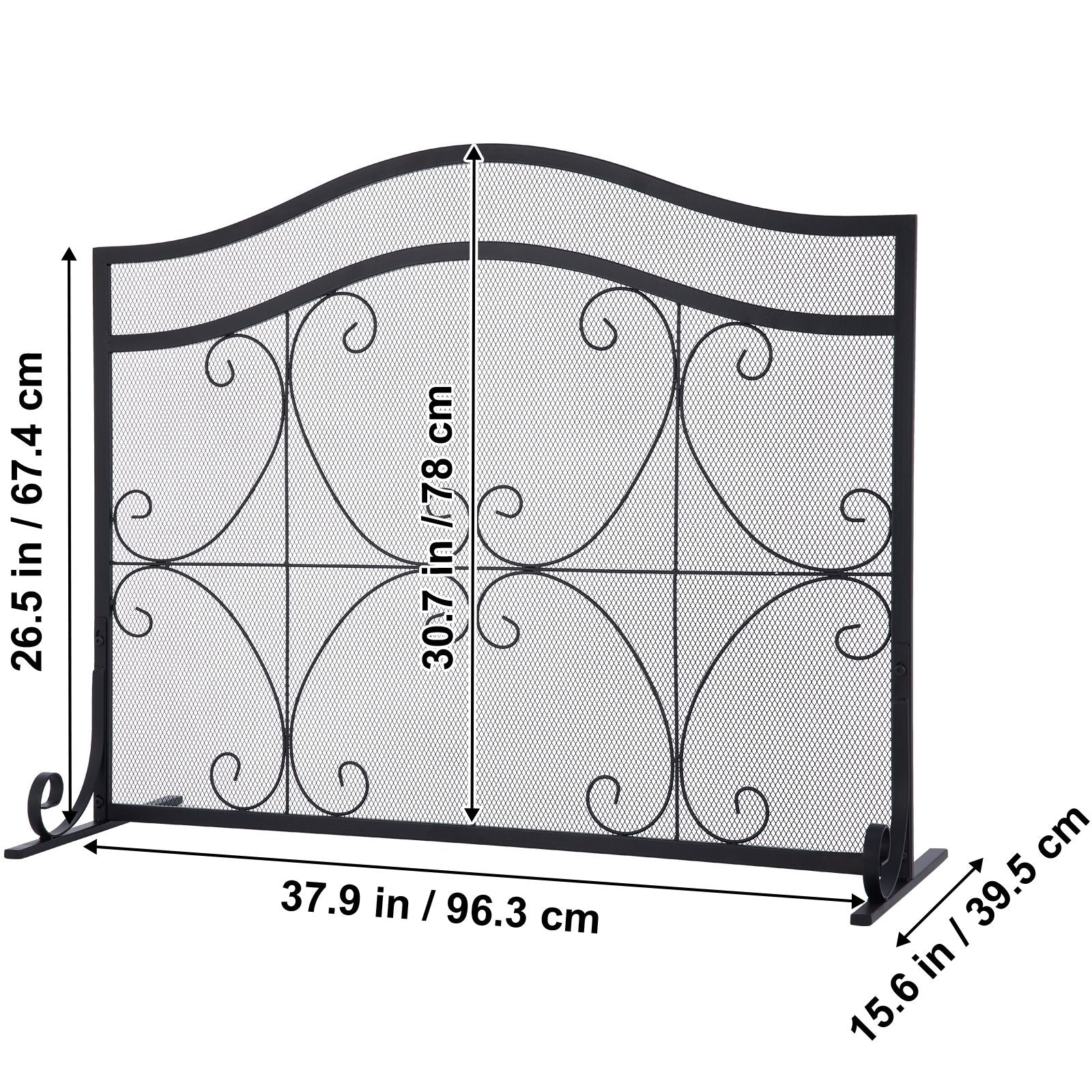 Fireplace Screen, 38 x 26.5 Inch,Heavy Duty Iron Freestanding Spark Guard with Support, Metal Mesh Craft, Broom Tong Shovel Poker Included for Fireplace Decoration & Protection, Black