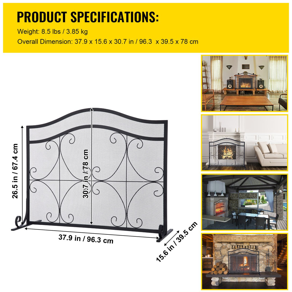 Fireplace Screen, 38 x 26.5 Inch,Heavy Duty Iron Freestanding Spark Guard with Support, Metal Mesh Craft, Broom Tong Shovel Poker Included for Fireplace Decoration & Protection, Black
