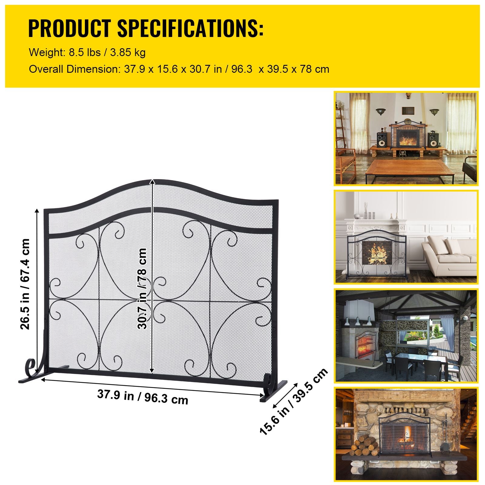 Fireplace Screen, 38 x 26.5 Inch,Heavy Duty Iron Freestanding Spark Guard with Support, Metal Mesh Craft, Broom Tong Shovel Poker Included for Fireplace Decoration & Protection, Black