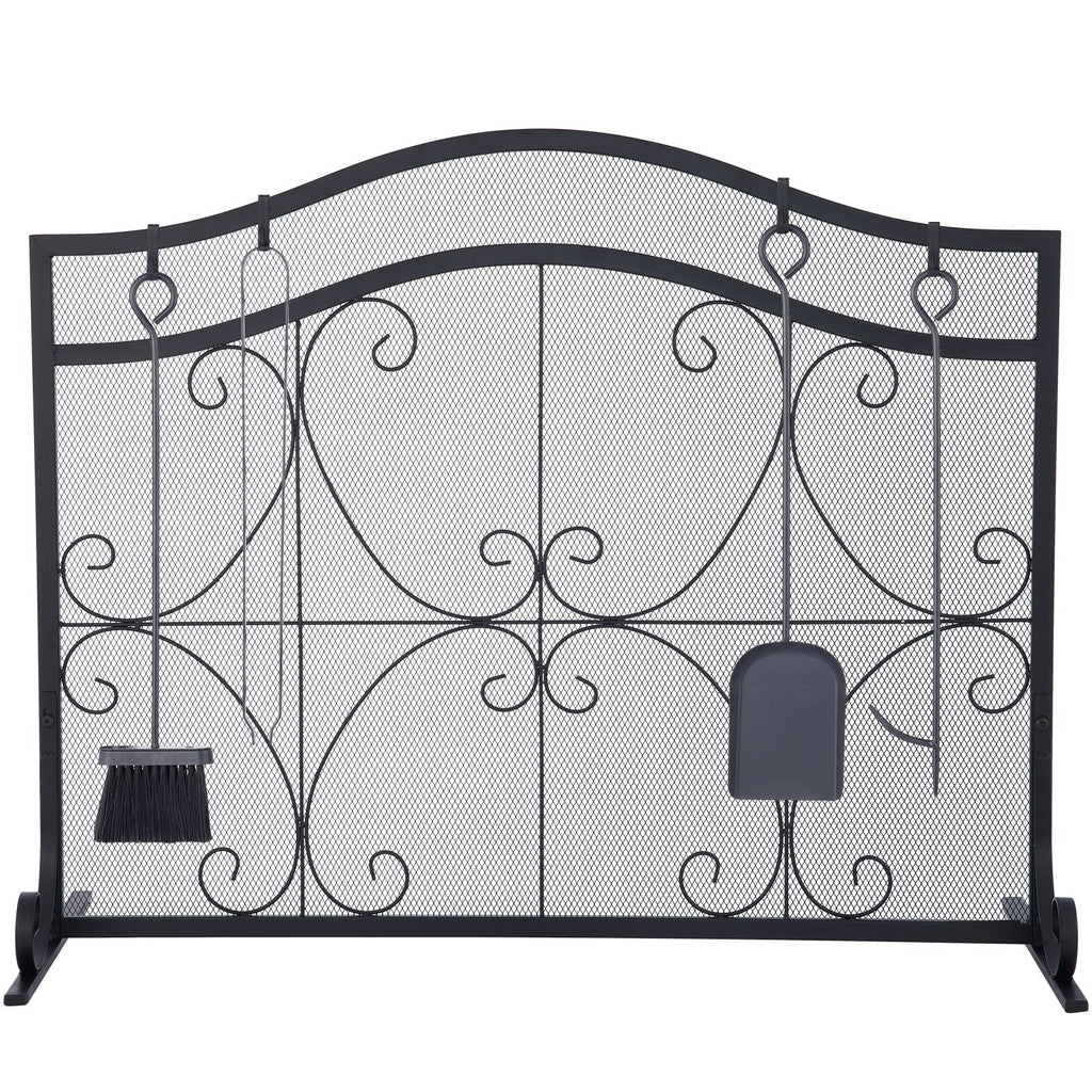 Fireplace Screen, 38 x 26.5 Inch,Heavy Duty Iron Freestanding Spark Guard with Support, Metal Mesh Craft, Broom Tong Shovel Poker Included for Fireplace Decoration & Protection, Black