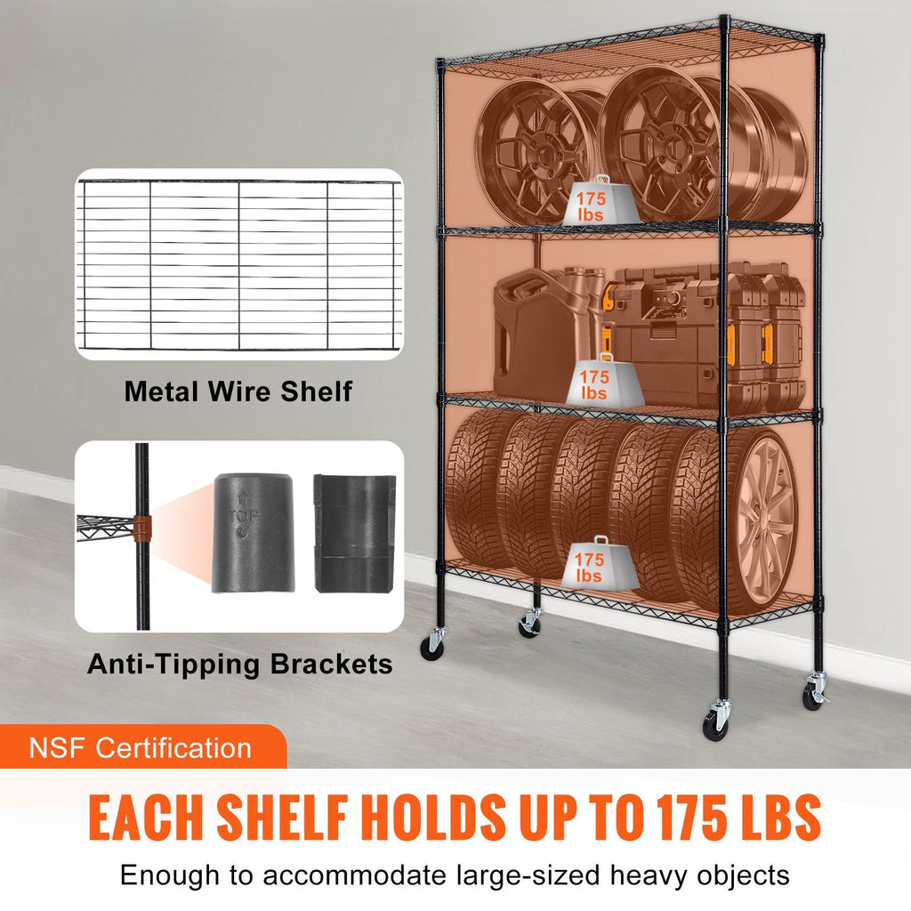 Storage Shelving Unit with Wheels, 4-Tier Adjustable, 700 lbs Capacity, Heavy Duty Garage Shelves Metal Organizer Wire Rack, Black, 47.2" L x 17.7" W x 74" H for Kitchen Pantry Basement Bathroom