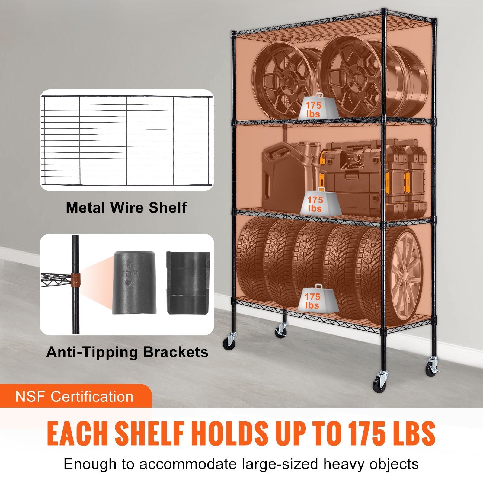 Storage Shelving Unit with Wheels, 4-Tier Adjustable, 700 lbs Capacity, Heavy Duty Garage Shelves Metal Organizer Wire Rack, Black, 47.2" L x 17.7" W x 74" H for Kitchen Pantry Basement Bathroom