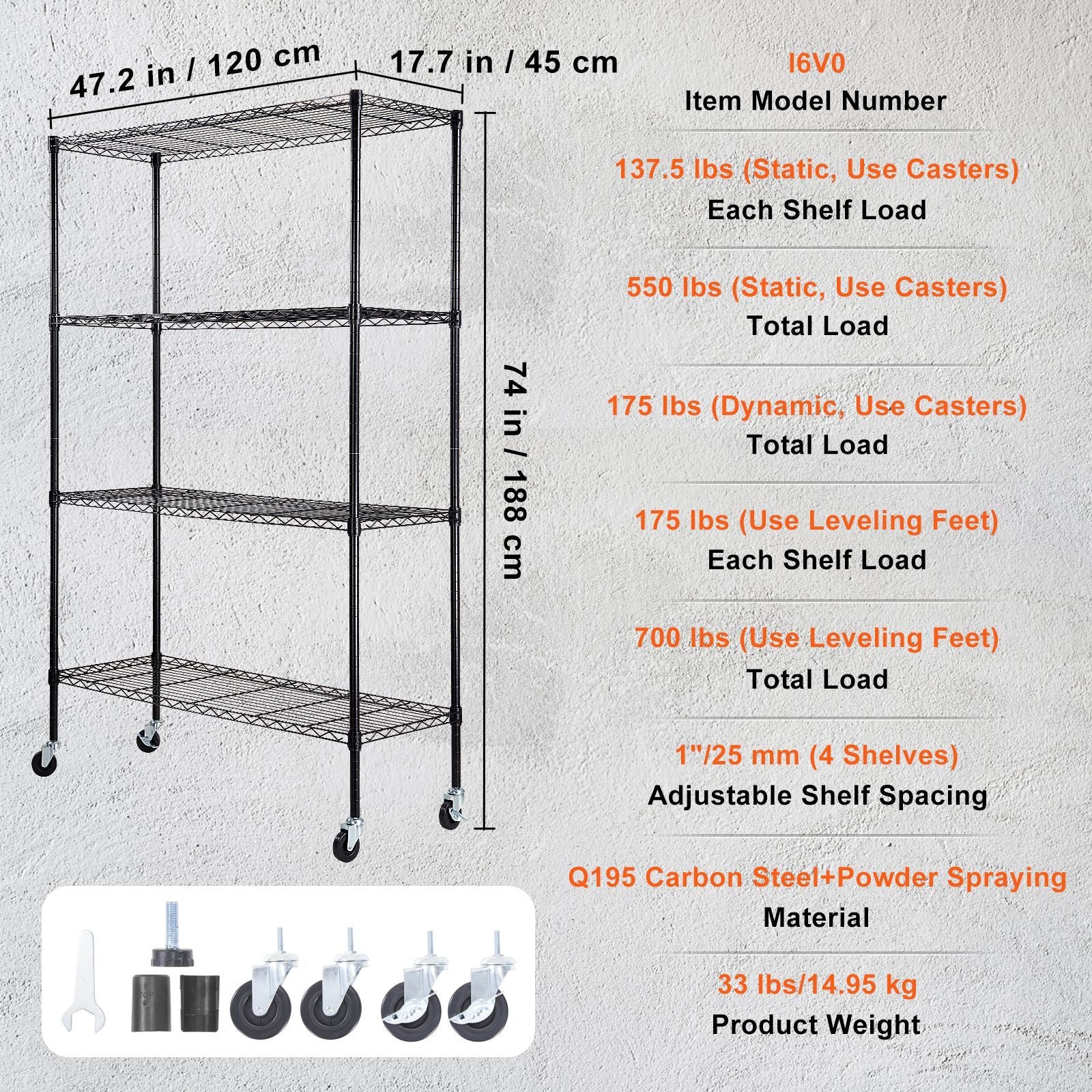 Storage Shelving Unit with Wheels, 4-Tier Adjustable, 700 lbs Capacity, Heavy Duty Garage Shelves Metal Organizer Wire Rack, Black, 47.2" L x 17.7" W x 74" H for Kitchen Pantry Basement Bathroom
