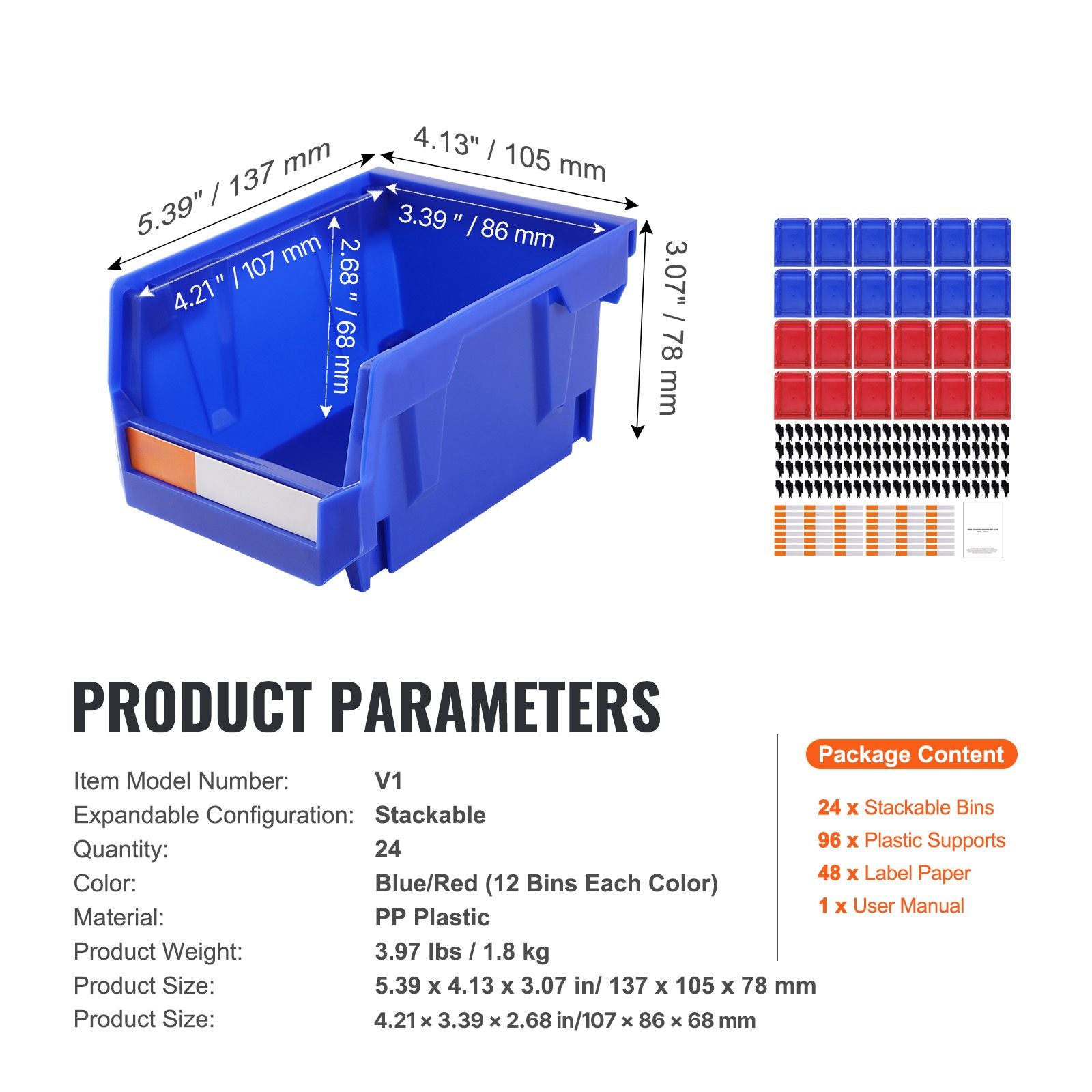 Plastic Storage Bin, (5-Inch x 4-Inch x 3-Inch), Hanging Stackable Storage Organizer Bin, Blue/Red, 24-Pack, Heavy Duty Stacking Containers for Closet, Kitchen, Office, or Pantry Organization