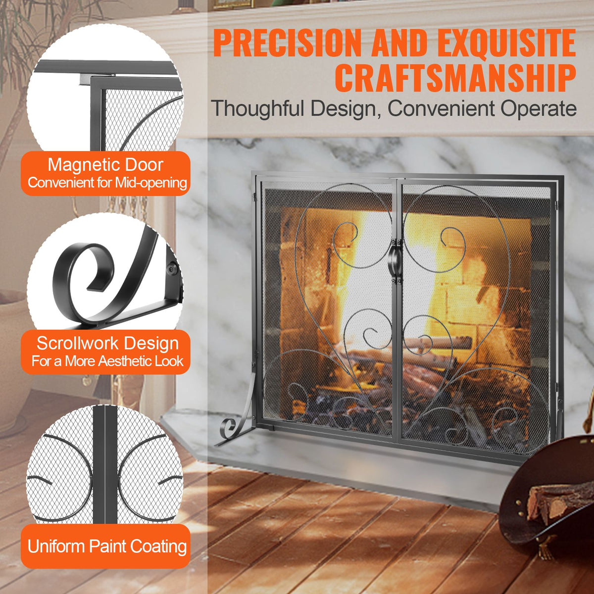 Fireplace Screen 1 Panel with Door, Sturdy Iron Mesh Fireplace Screen, 39"(L) x31.6"(H) Spark Guard Cover, Simple