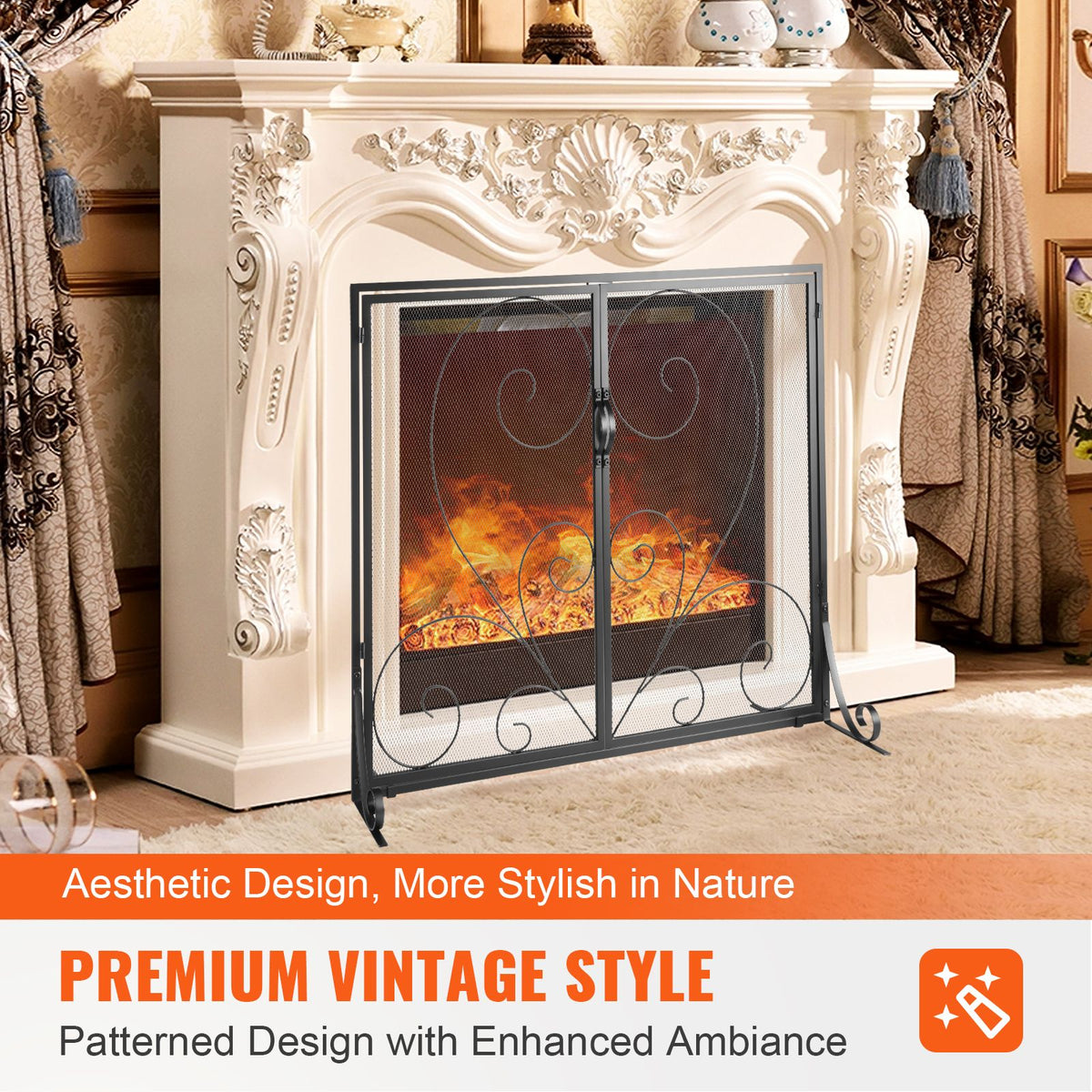 Fireplace Screen 1 Panel with Door, Sturdy Iron Mesh Fireplace Screen, 39"(L) x31.6"(H) Spark Guard Cover, Simple