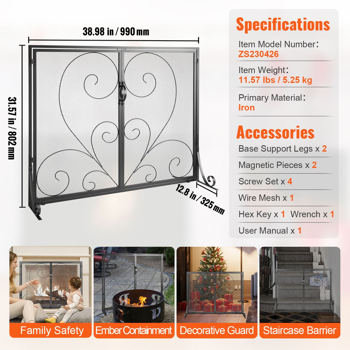Fireplace Screen 1 Panel with Door, Sturdy Iron Mesh Fireplace Screen, 39"(L) x31.6"(H) Spark Guard Cover, Simple