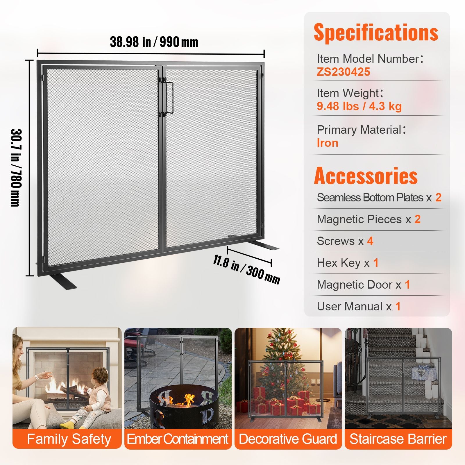 Fireplace Screen 1 Panel with Door, Sturdy Iron Mesh Fireplace Screen, 38.98"(L) x30.7"(H) Spark Guard Cover, Simple Installation, Free Standing Fire Fence Grate for Living Room Home Decor Moder