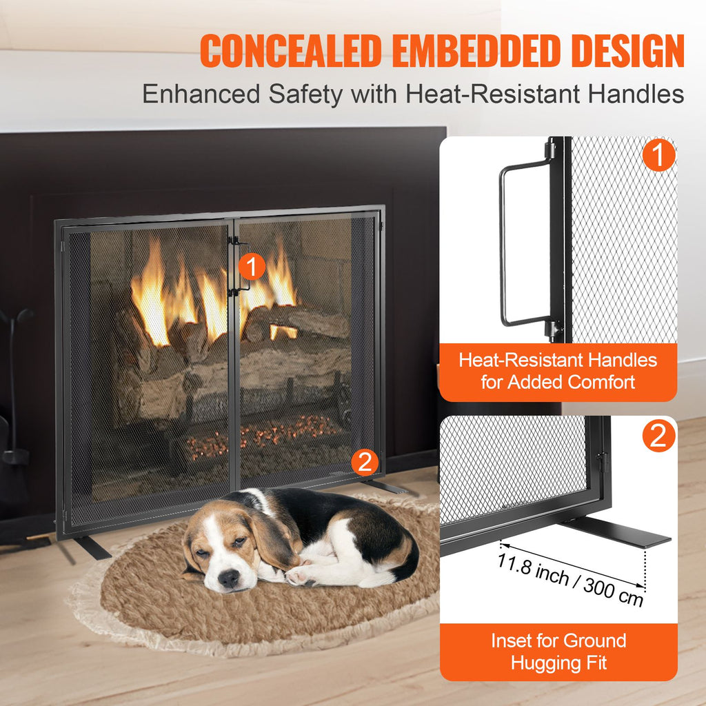 Fireplace Screen 1 Panel with Door, Sturdy Iron Mesh Fireplace Screen, 38.98"(L) x30.7"(H) Spark Guard Cover, Simple Installation, Free Standing Fire Fence Grate for Living Room Home Decor Moder