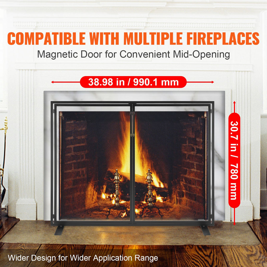 Fireplace Screen 1 Panel with Door, Sturdy Iron Mesh Fireplace Screen, 38.98"(L) x30.7"(H) Spark Guard Cover, Simple Installation, Free Standing Fire Fence Grate for Living Room Home Decor Moder