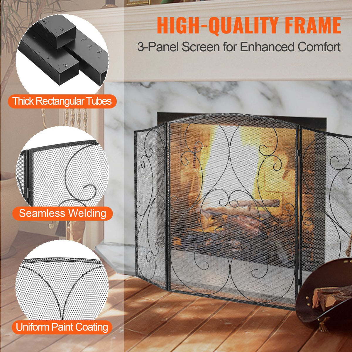 Fireplace Screen 3 Panel, Sturdy Iron Mesh Fireplace Screen, 48"(L) x30.2"(H) Spark Guard Cover, No Assembly Required, Free