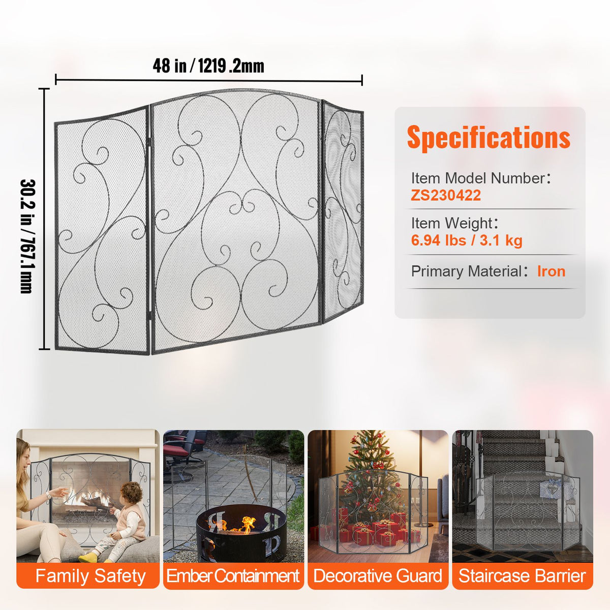 Fireplace Screen 3 Panel, Sturdy Iron Mesh Fireplace Screen, 48"(L) x30.2"(H) Spark Guard Cover, No Assembly Required, Free
