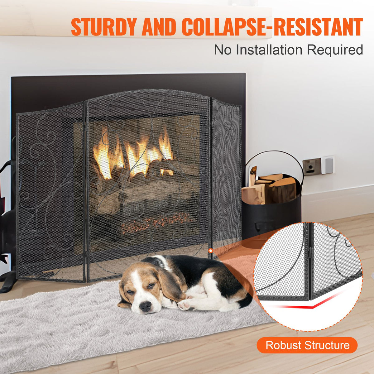 Fireplace Screen 3 Panel, Sturdy Iron Mesh Fireplace Screen, 48"(L) x30.2"(H) Spark Guard Cover, No Assembly Required, Free